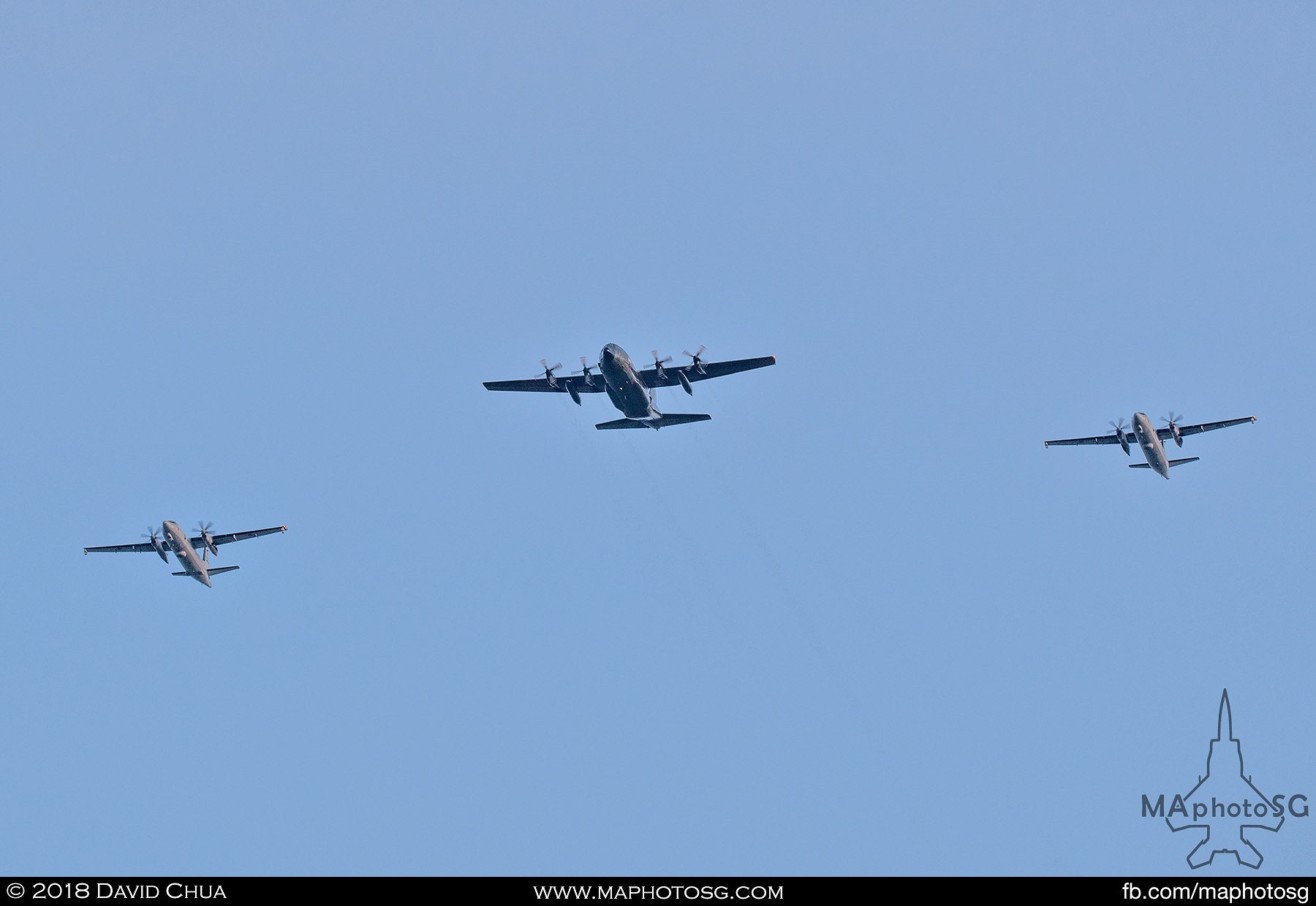 Transport Formation of a C-130H Hercules flanked by 2 Fokker 50 MPAs