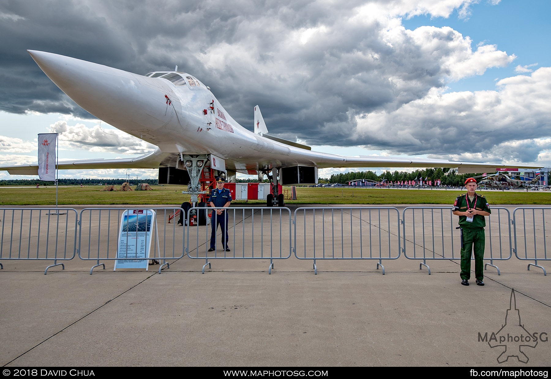 20. Tupolev Tu-160 "White Swan" strategic bomber and one of the crew member at static display