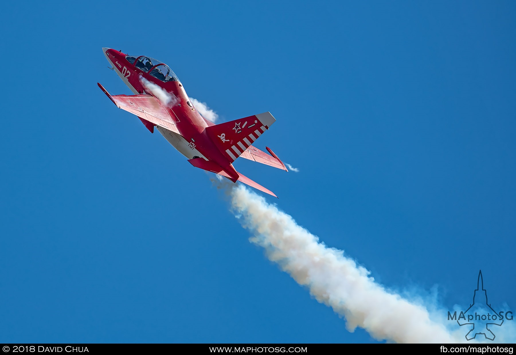 43. Yakovlev Yak-130 demonstration aircraft pulls up during its aerial display performance