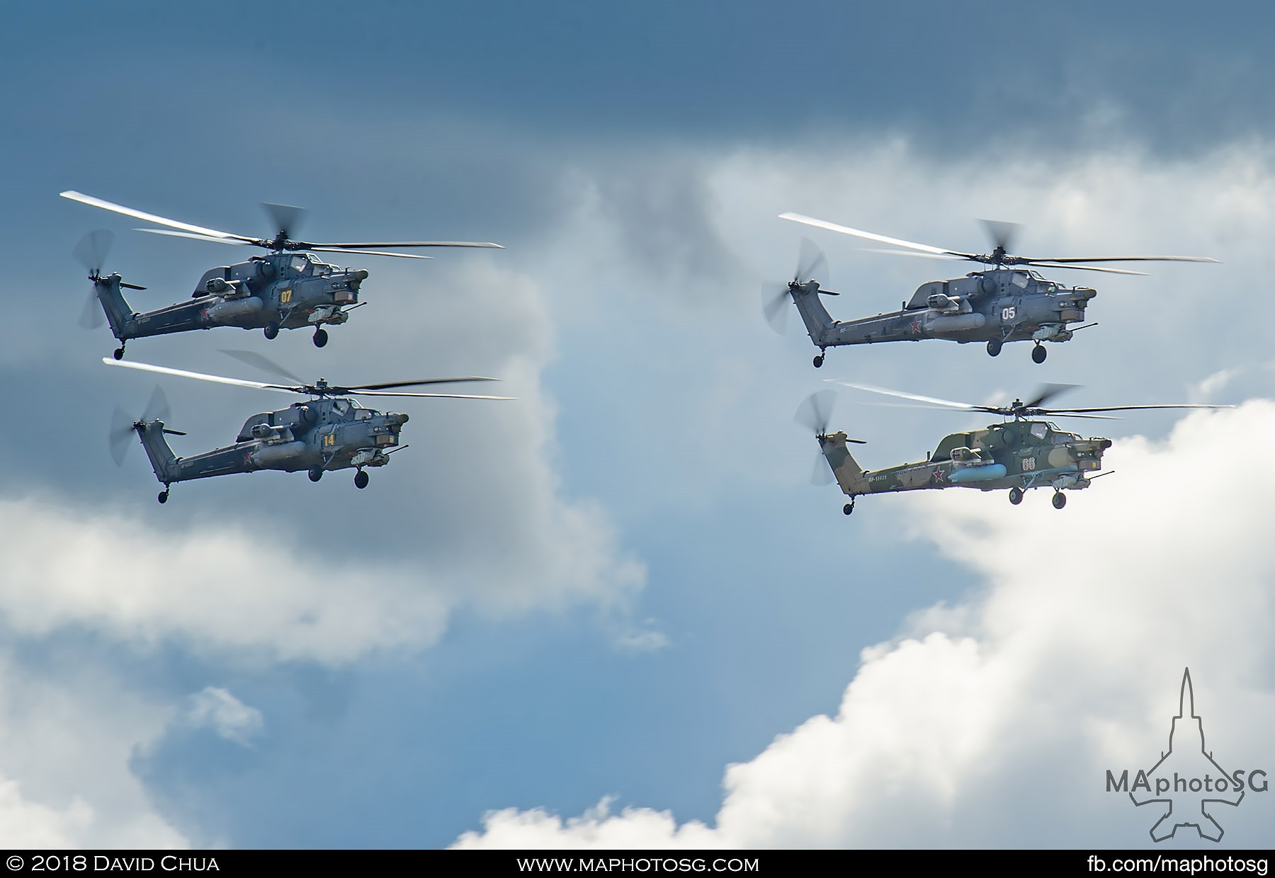 44. Four ship formation of Mi-28n "Night Stalker" of the Golden Eagles Helicopter Aerobatics display team.