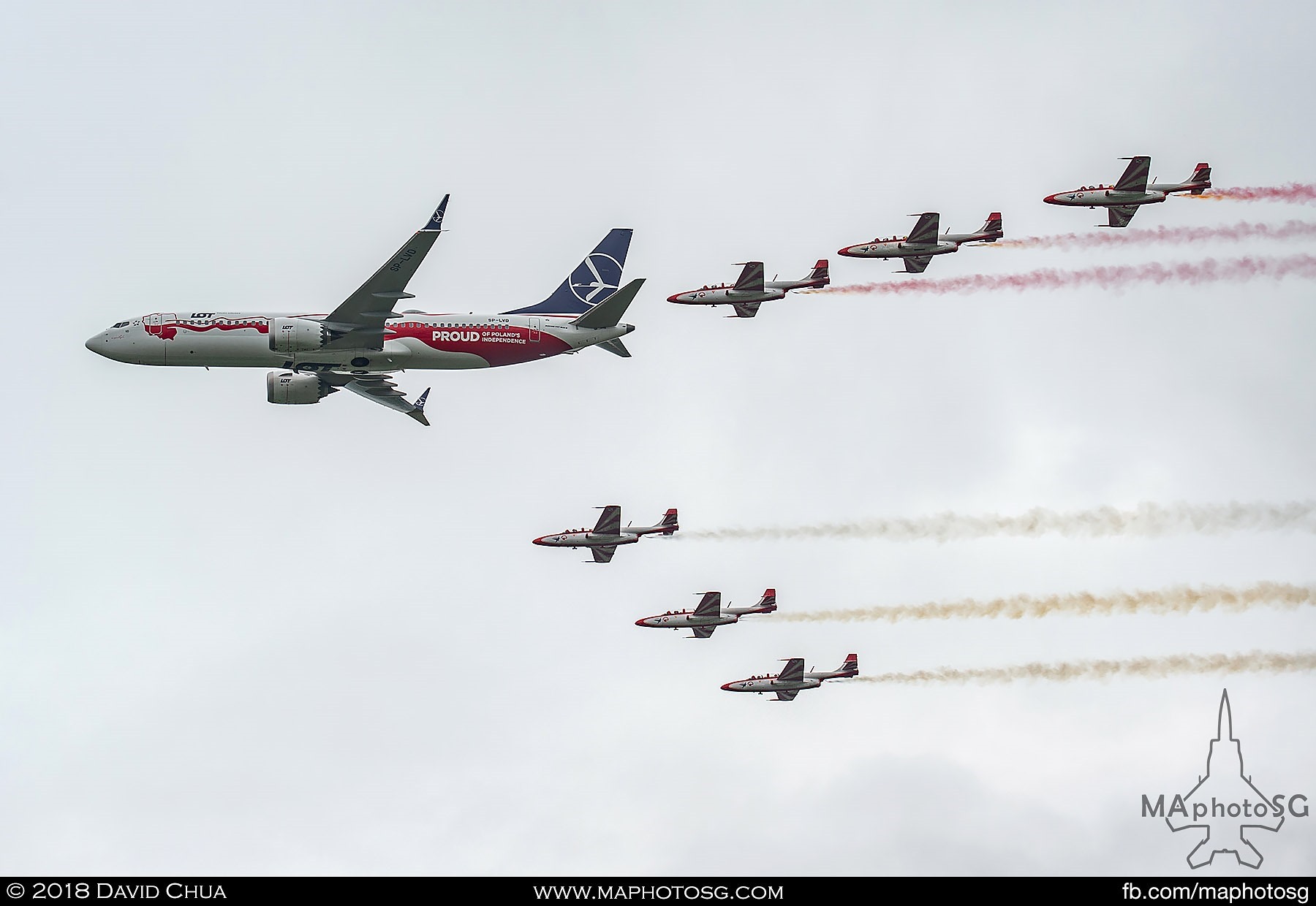 02. Flypast of LOT Polish Airlines Boeing 737 Max in special Proud of Poland's Independence livery escorted by 6 TS-11s of Team Iskry