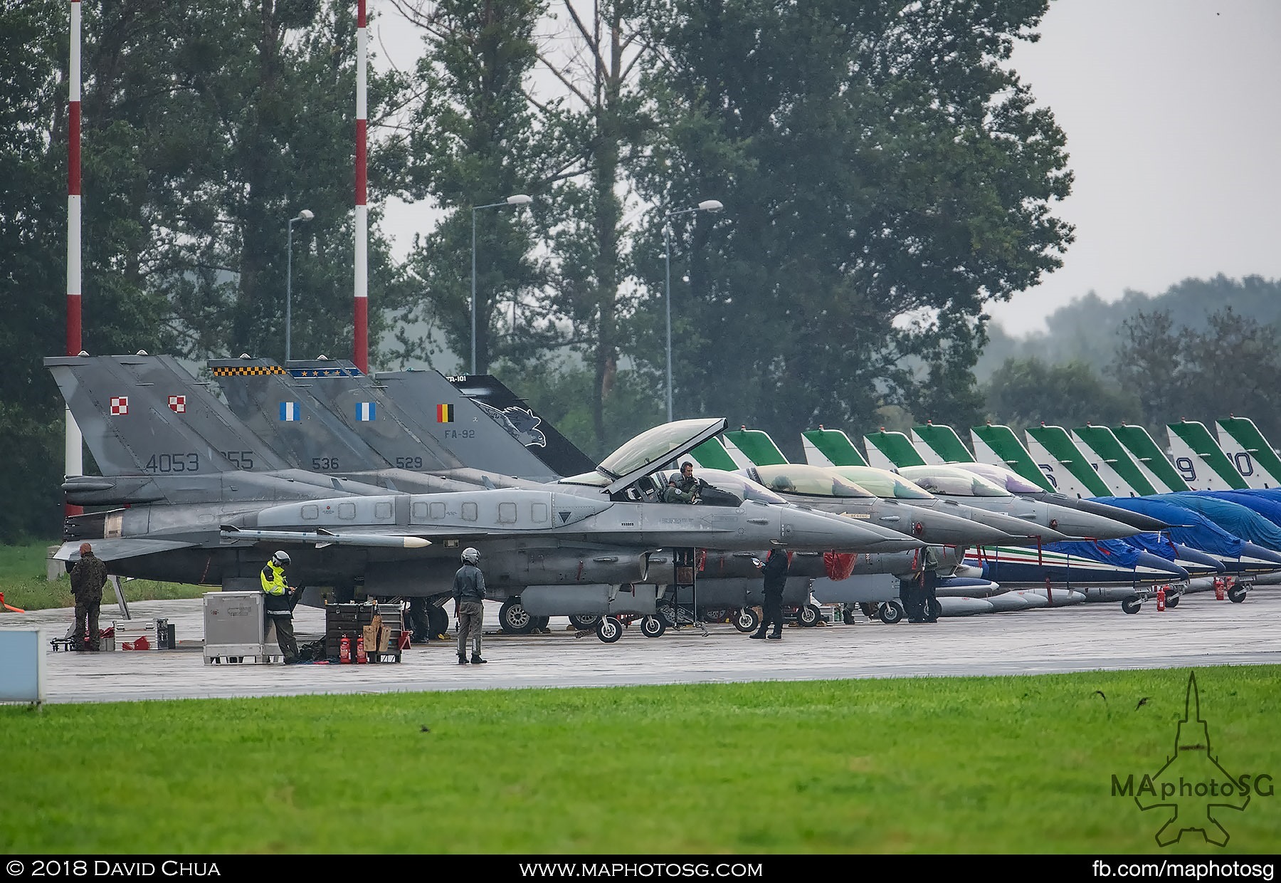 60. Flight line of consisting of 6 F-16s from Polish, Hellenic and Belgium Air Forces with the MB-339s of the Frecce Tricolori in the background