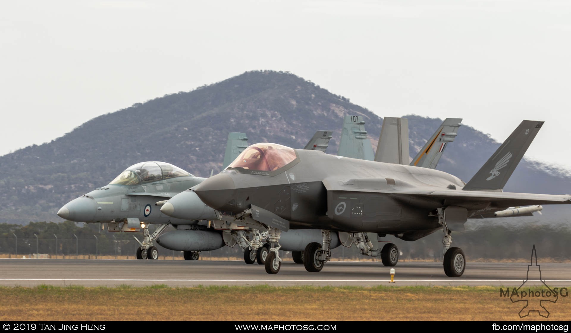 RAAF F-35A Joint Strik Fighter and 2 F/A-18 Hornets