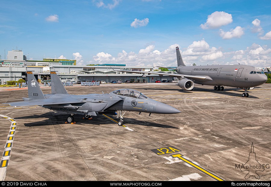 Two of the aircraft types participating in the aerial display. The F-15SG and A330-MRTT