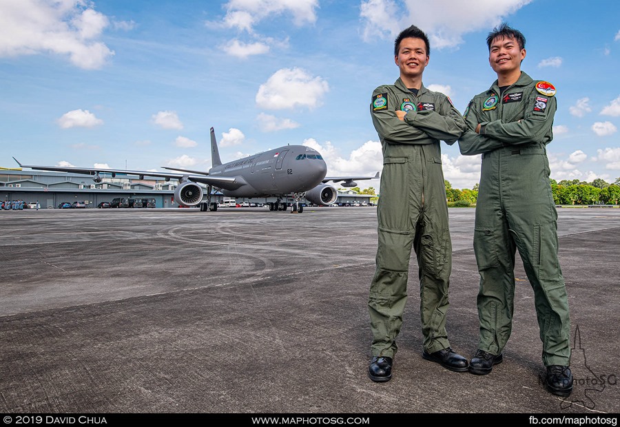 Pilot CPT Teo Yi Quan and Air Refuelling Operator SSG Chan Chee Jie with their A330-MRTT aircraft.