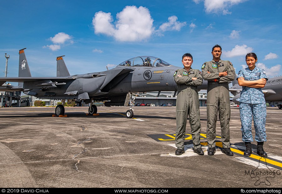 Pilot MAJ Arumugam Sivaraj, WSO CPT Vincent Tan and Air Force Engineer ME1 Joey Tay with their F-15SG aircraft