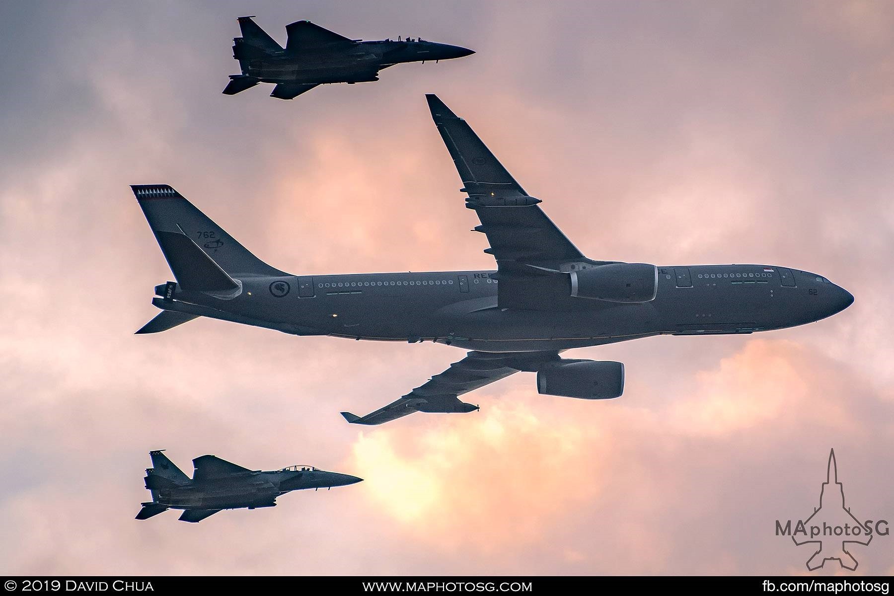 RSAF A330-MRTT makes its first appearance at the National Day Parade escorted by 2 F-15SGs