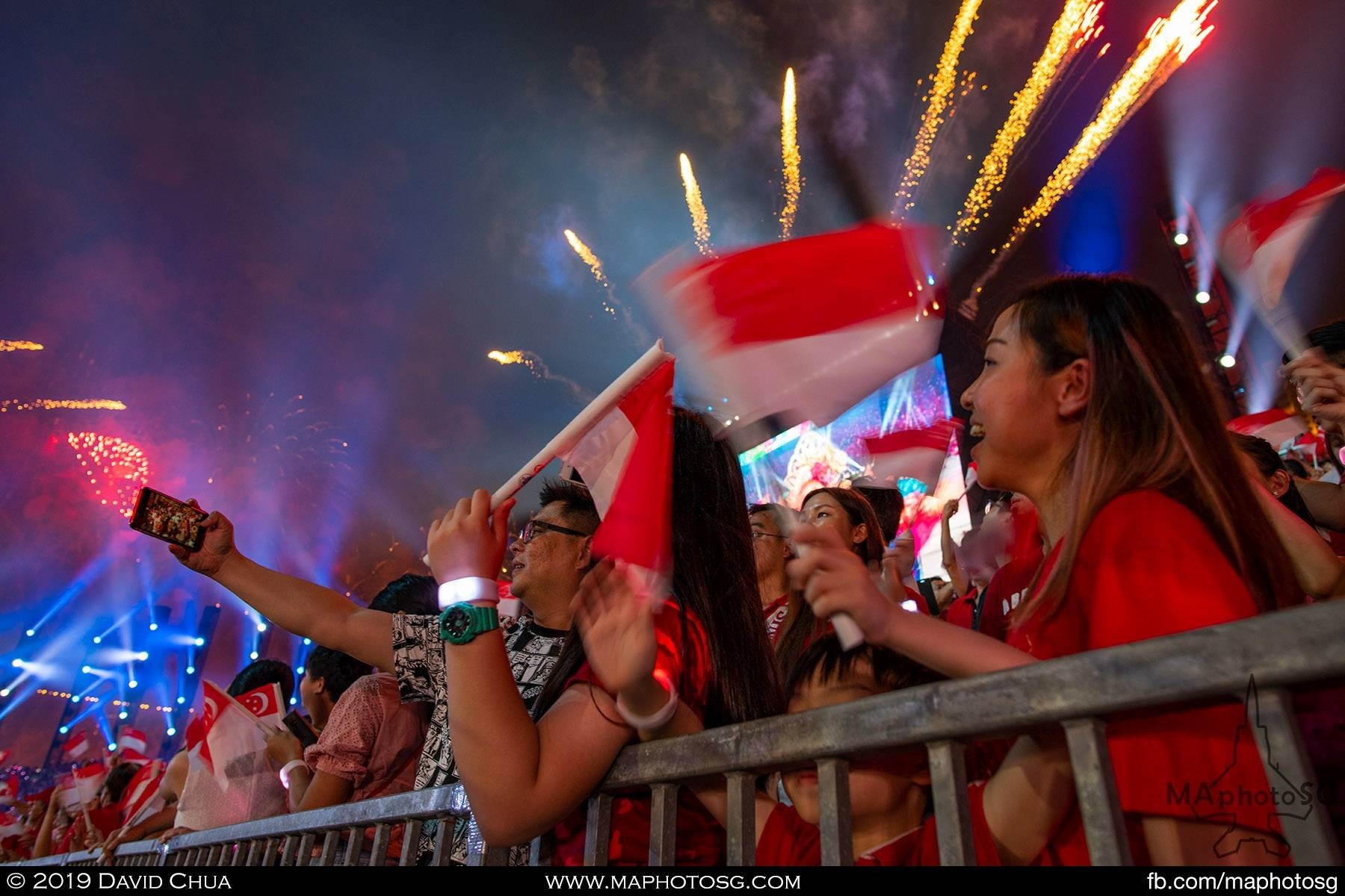 A family takes a wefie with fireworks all around