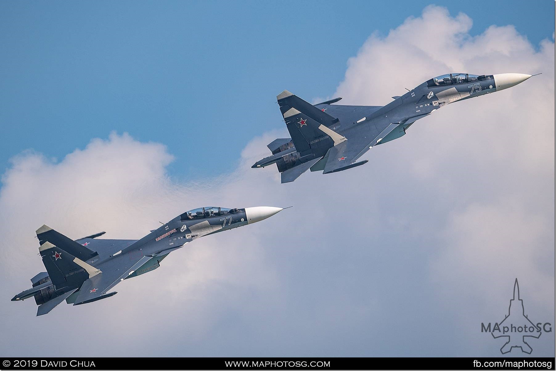 A pair of Russian Navy Sukhoi Su-30SM fighers in formation