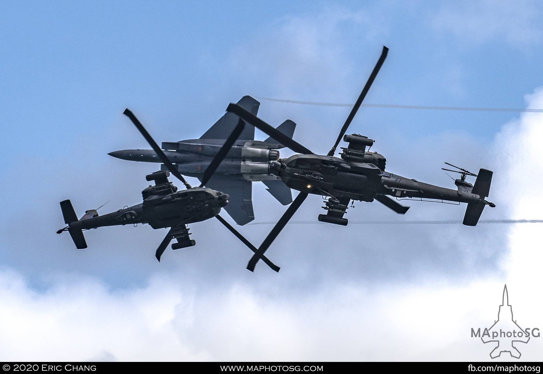 Opening sequence of the RSAF Aerial Display with the 2 AH-64Ds and F-15SG performing the Cross Dagger