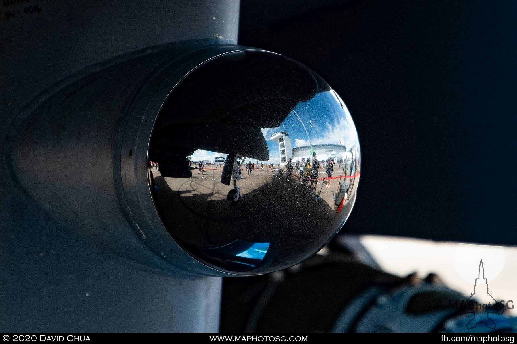 The iconic Singapore Airshow tower reflected on the IRST of the F-15SG