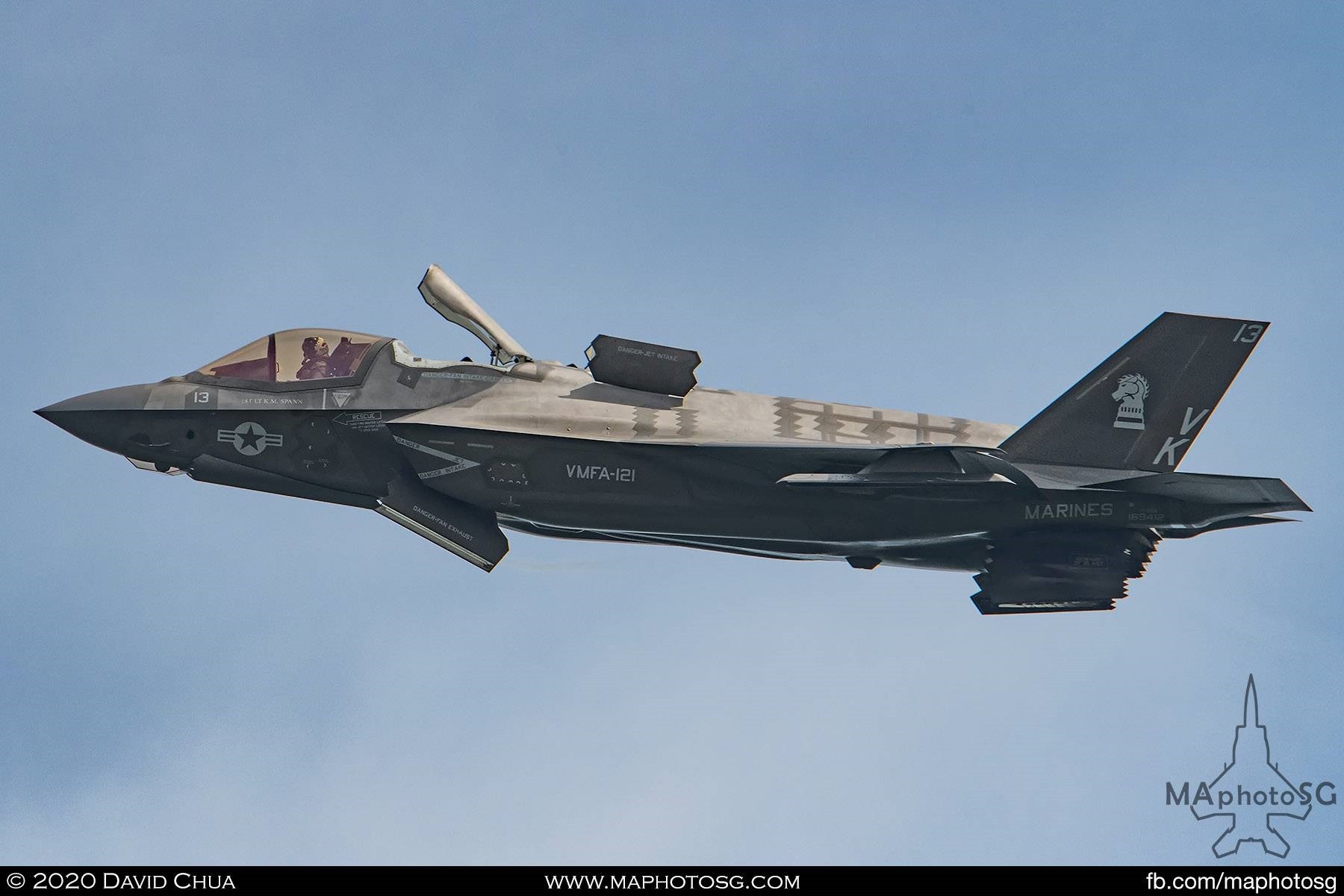 USMC F-35B Lightning II transitions from vertical hover back to flight mode as it completes it's demonstration