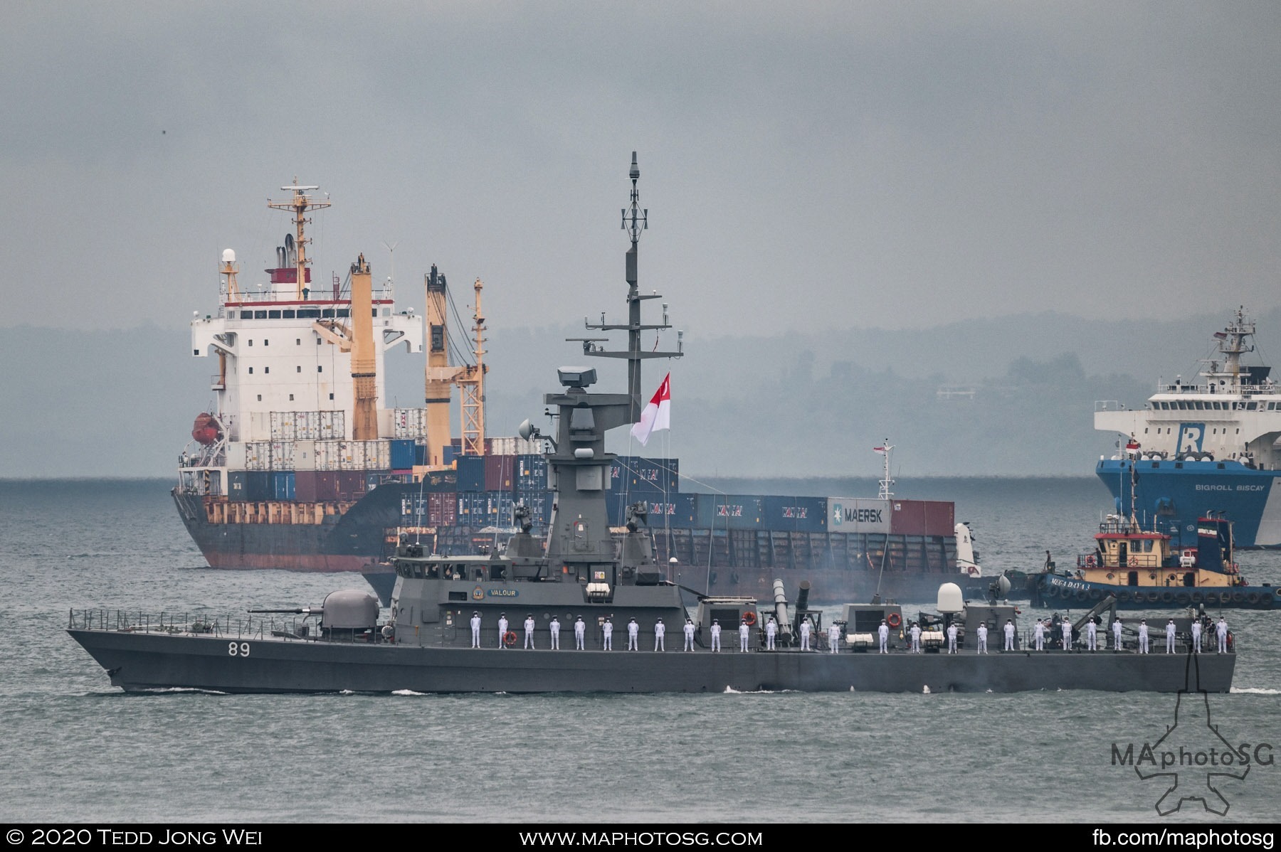 The RSN Victory-class Missile Corvette, RSS Valour, sails past the Marina South Coast during a Maritime Sailpast rehearsal.