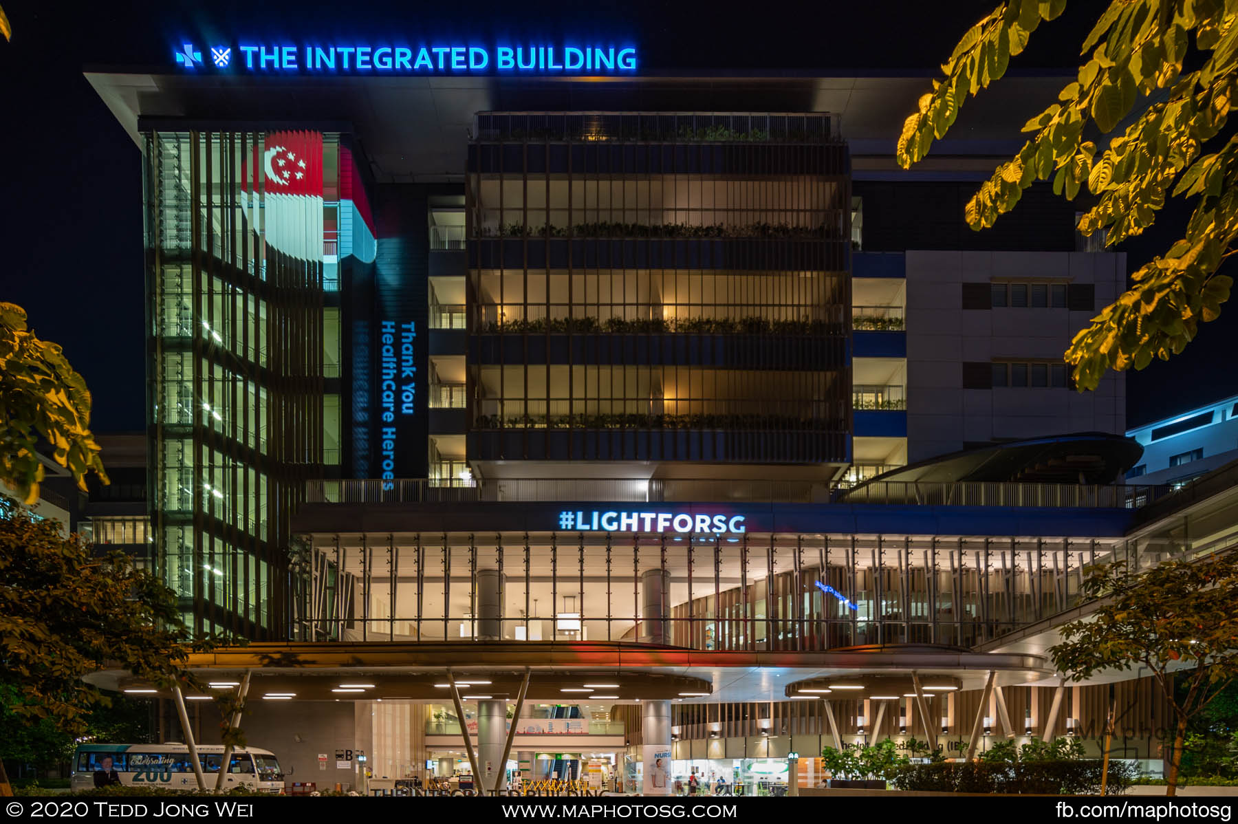 Changi General Hospital with a tribute light up by MJD. Pro during the NDP period.