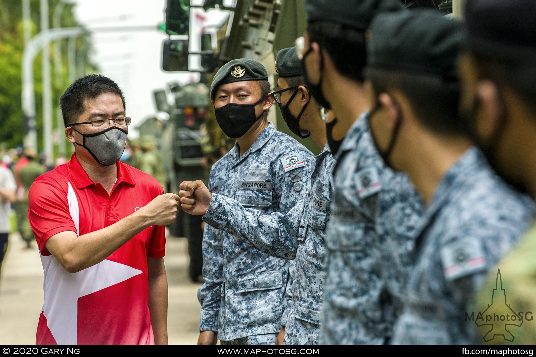 Lieutenant-General (LG) Melvyn Ong, Chief of Defence Force, Singapore Armed Forces, greets RSAF airmen at a mobile column rehearsal at Tuas.