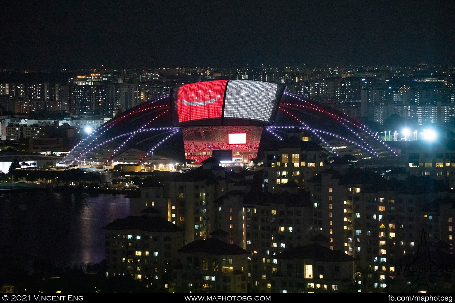 Sports Hub roof lighted with Singapore flag during the National Day weekend
