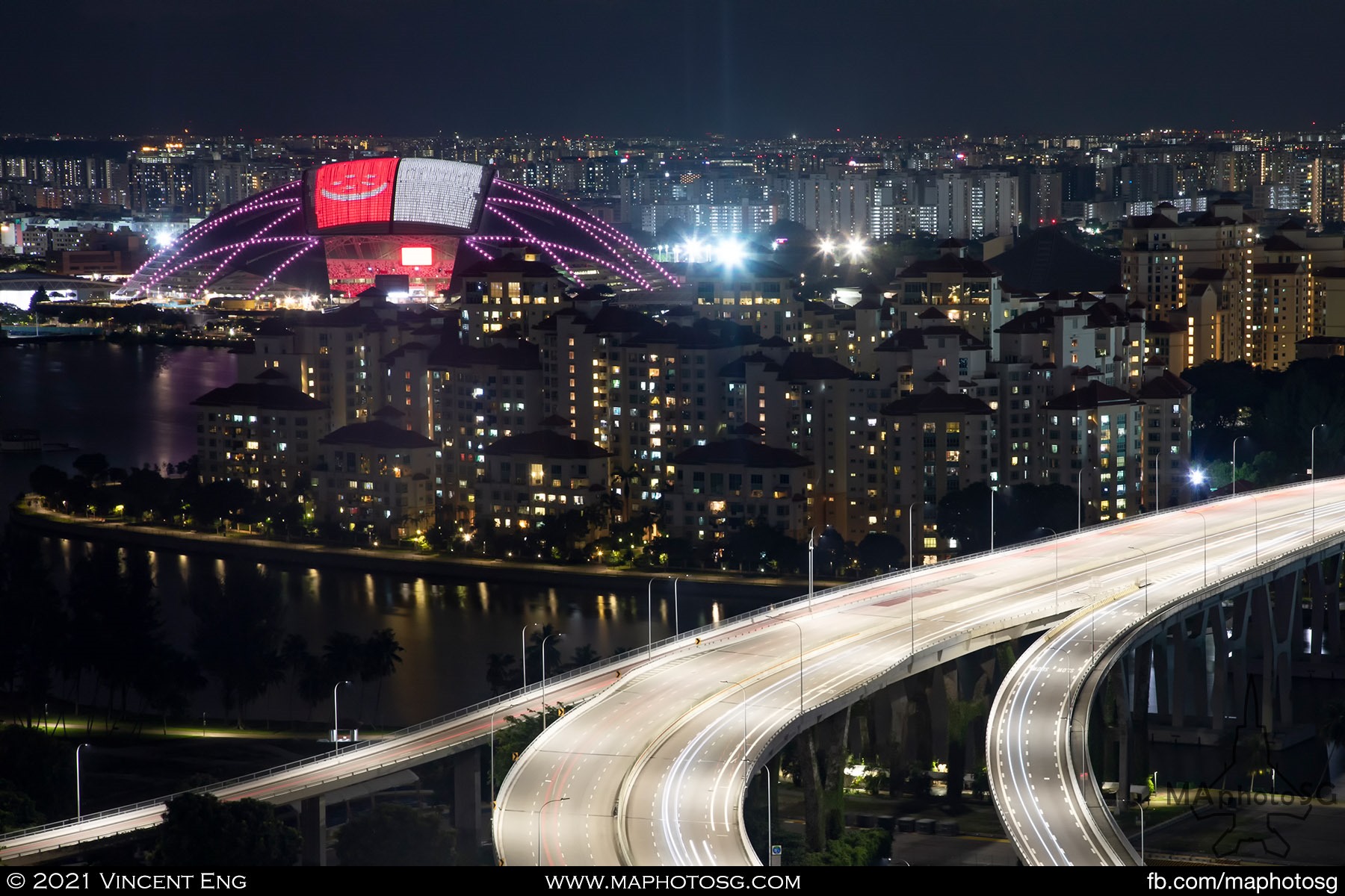 Sports Hub roof lighted with Singapore flag during the National Day weekend