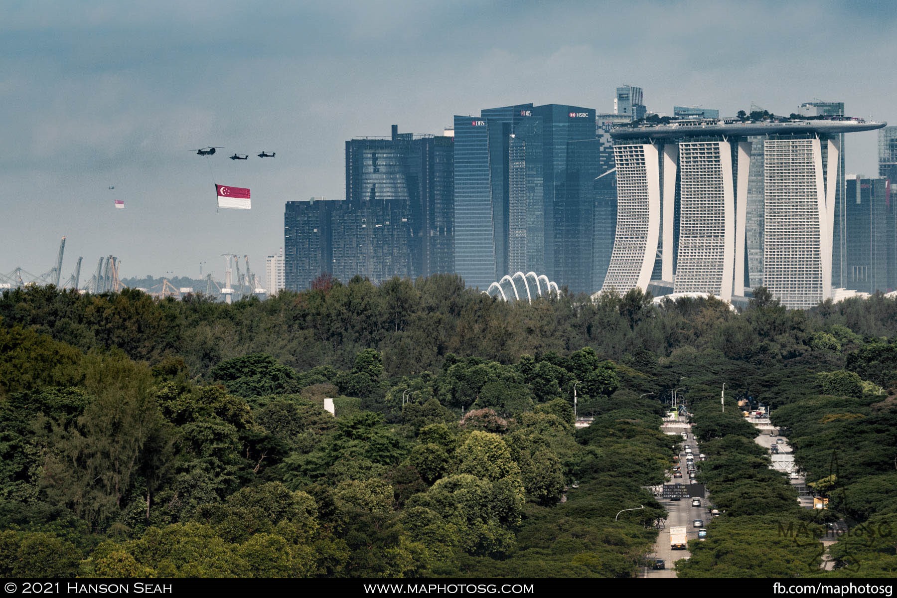 The flag flies over the Marina Bay area