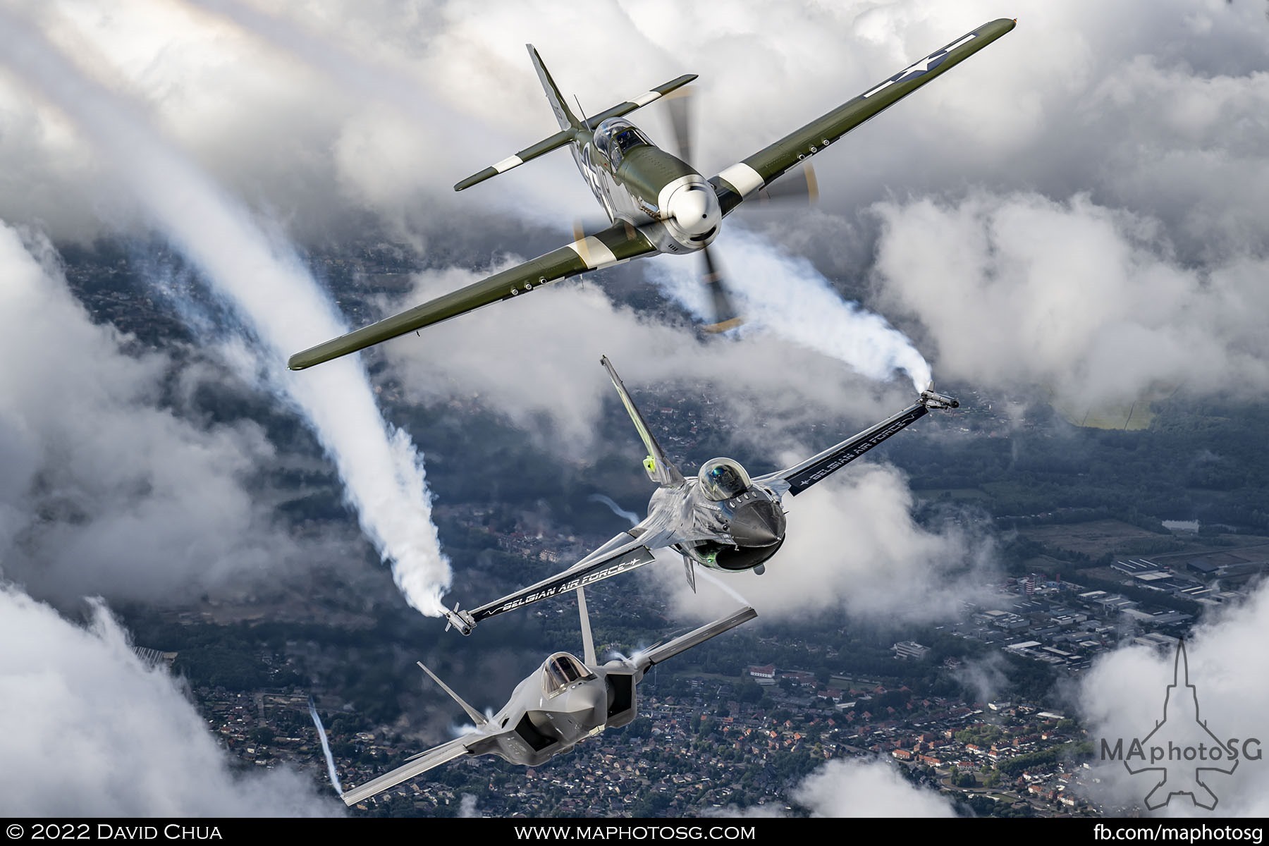 Formation of United States Air Force Heritage Flight P-51, F-35A and Belgium Air Force F-16 Dream Viper