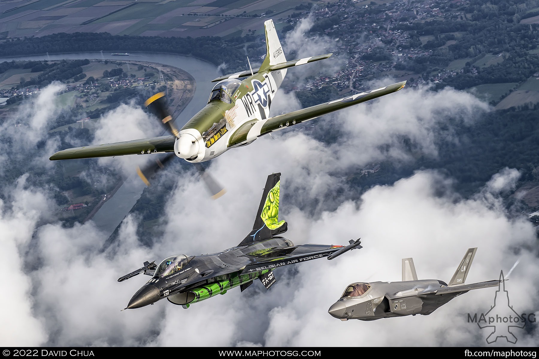 Formation of United States Air Force Heritage Flight P-51, F-35A and Belgium Air Force F-16 Dream Viper