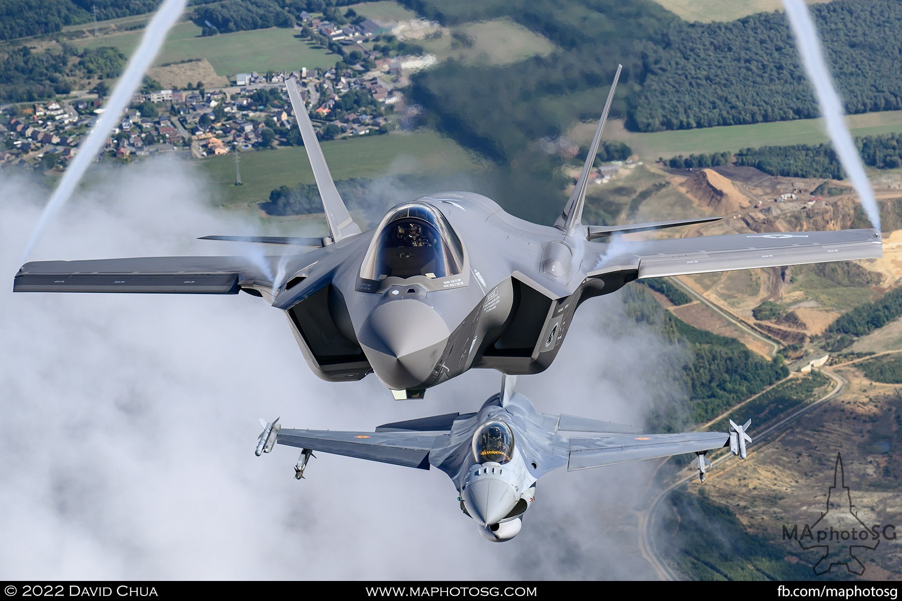 United States Air Force F-35A and Belgium Air Force F-16AM in formation