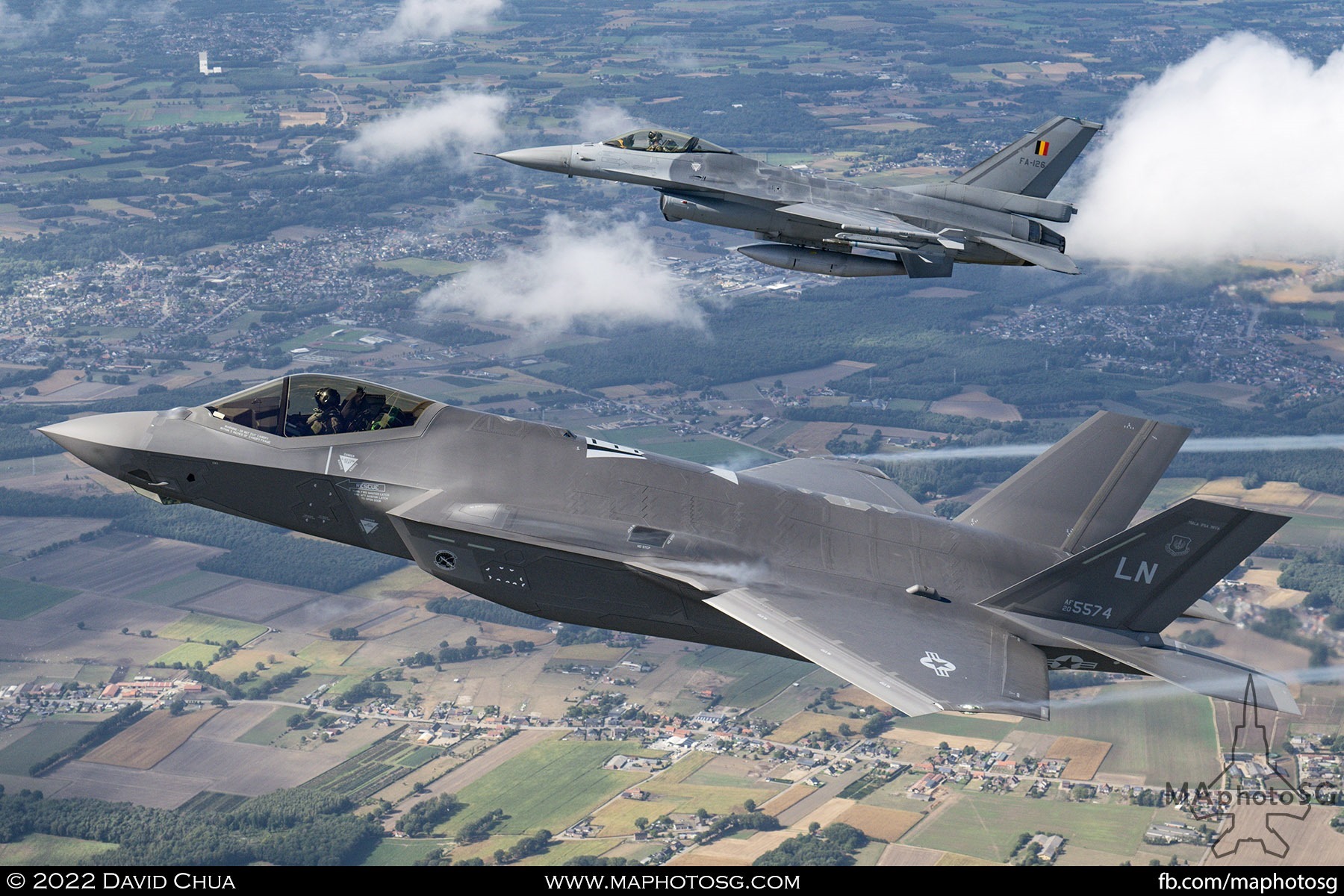 United States Air Force F-35A and Belgium Air Force F-16AM in formation