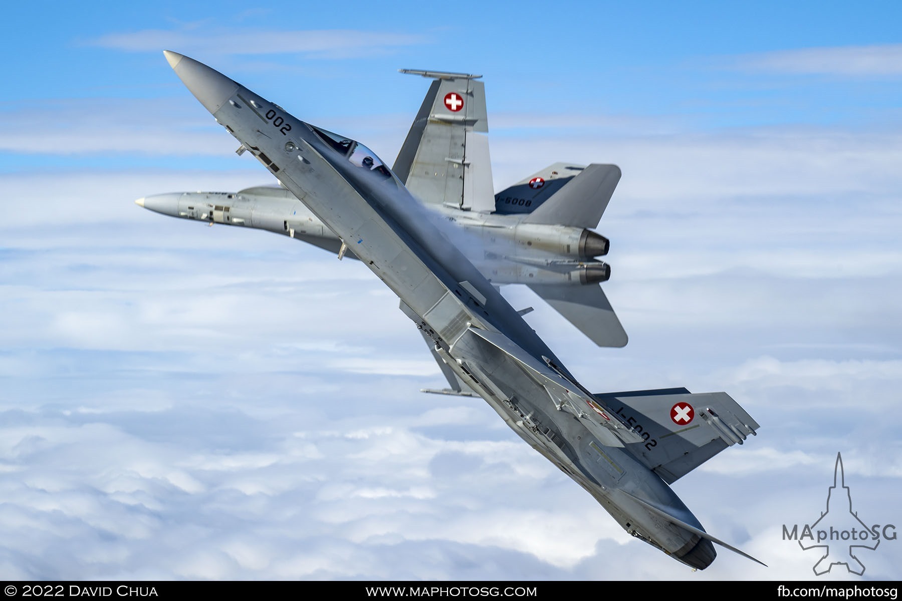 Swiss Air Force F-18C Hornets breaking formation