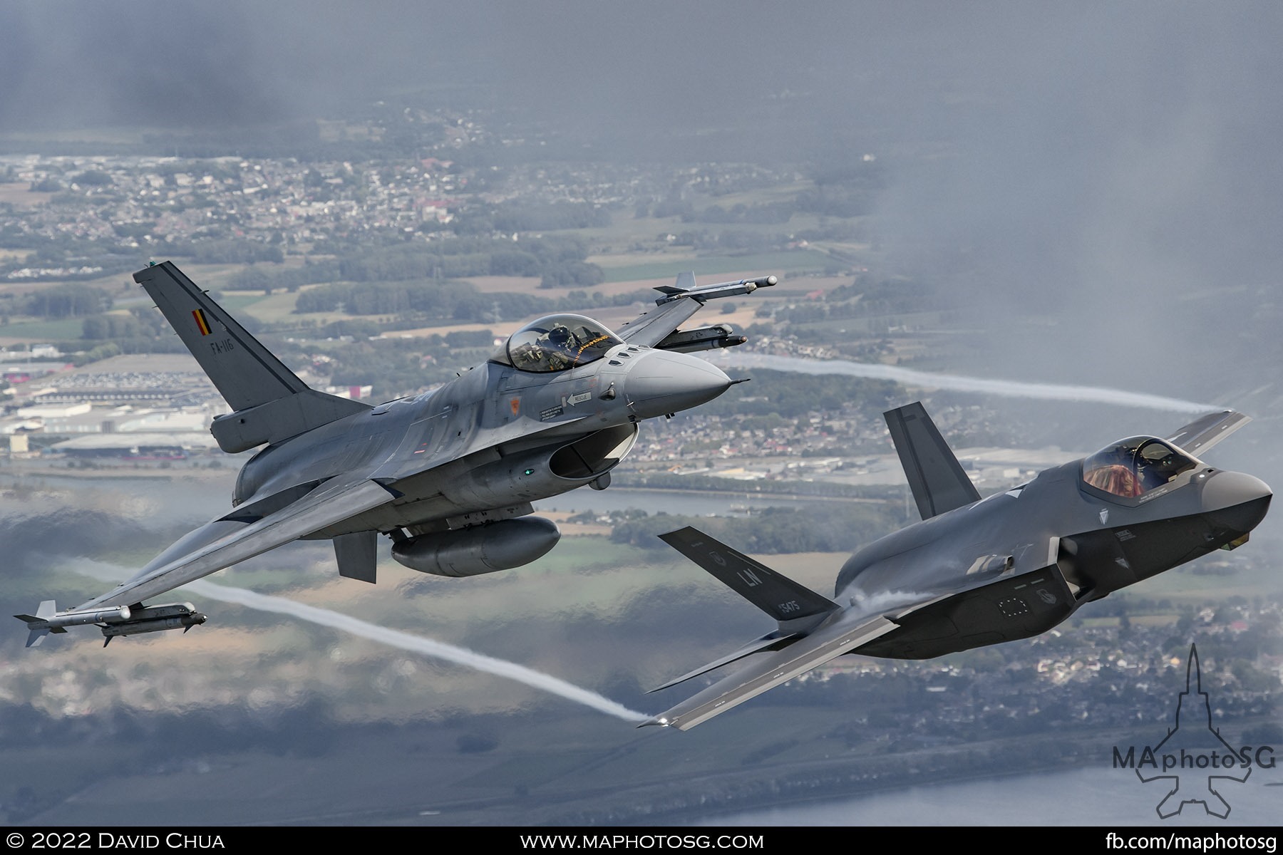 United States Air Force F-35A and Belgium Air Force F-16AM in formation