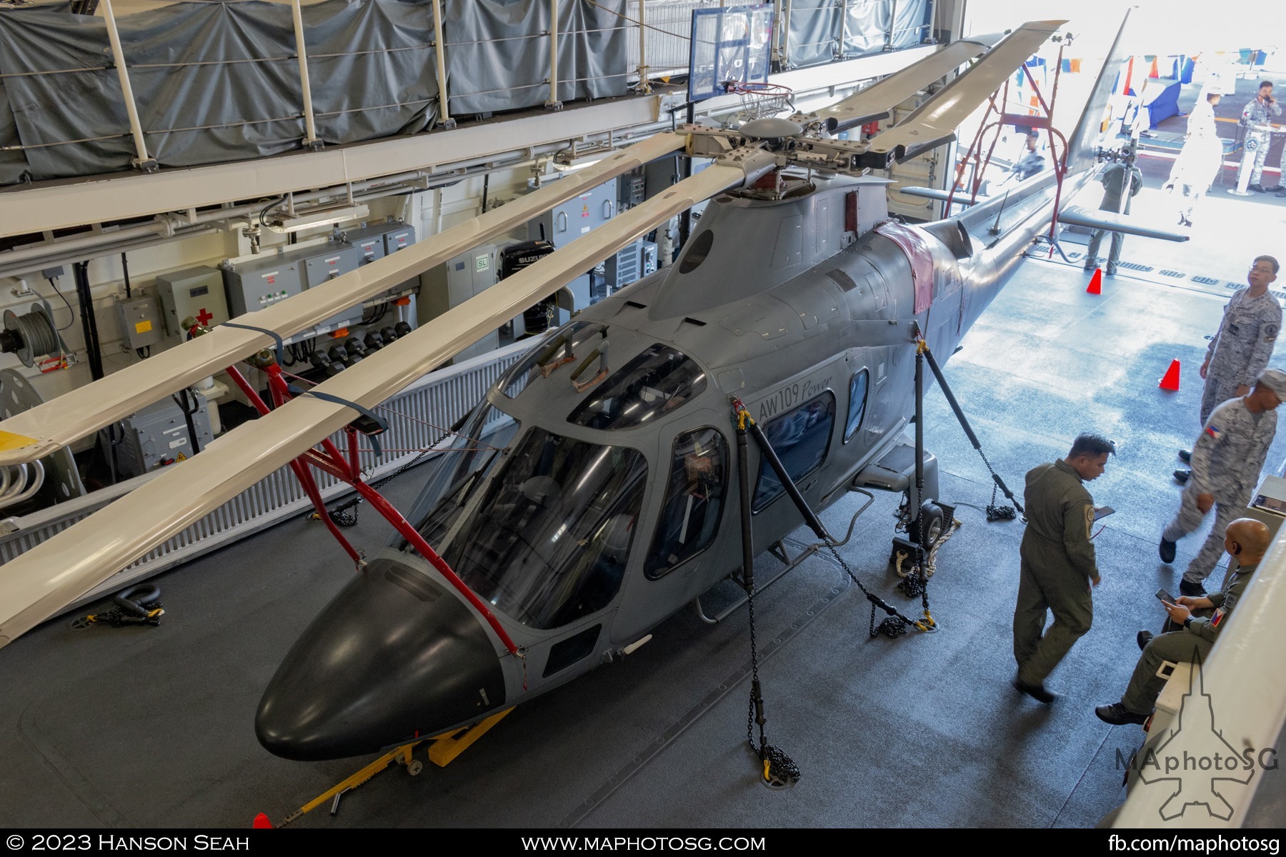 AW109 Power helicopter in the hanger of BRP Antonio Luna (FF-151)