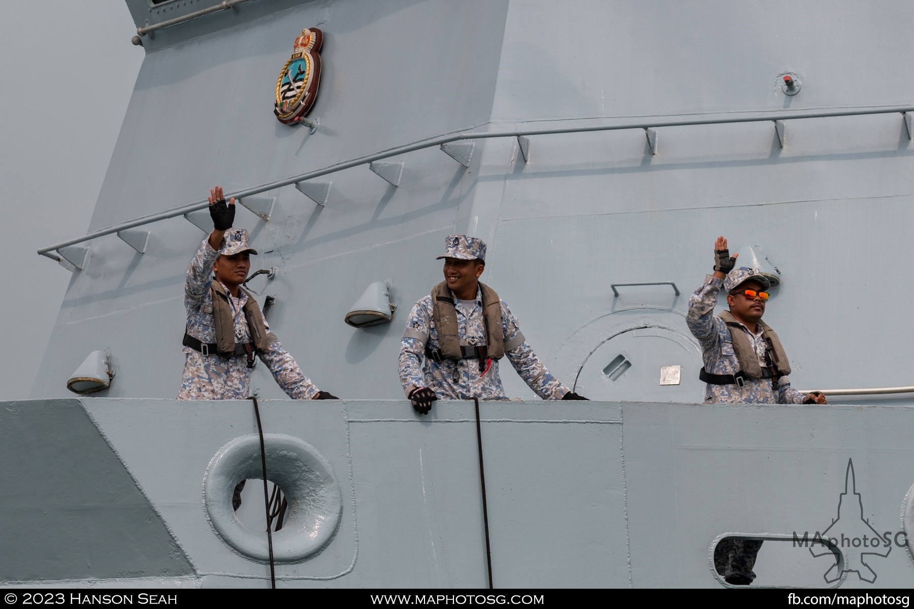 Sailors of KD Lekiu (FFG30) bid farewell as they get underway