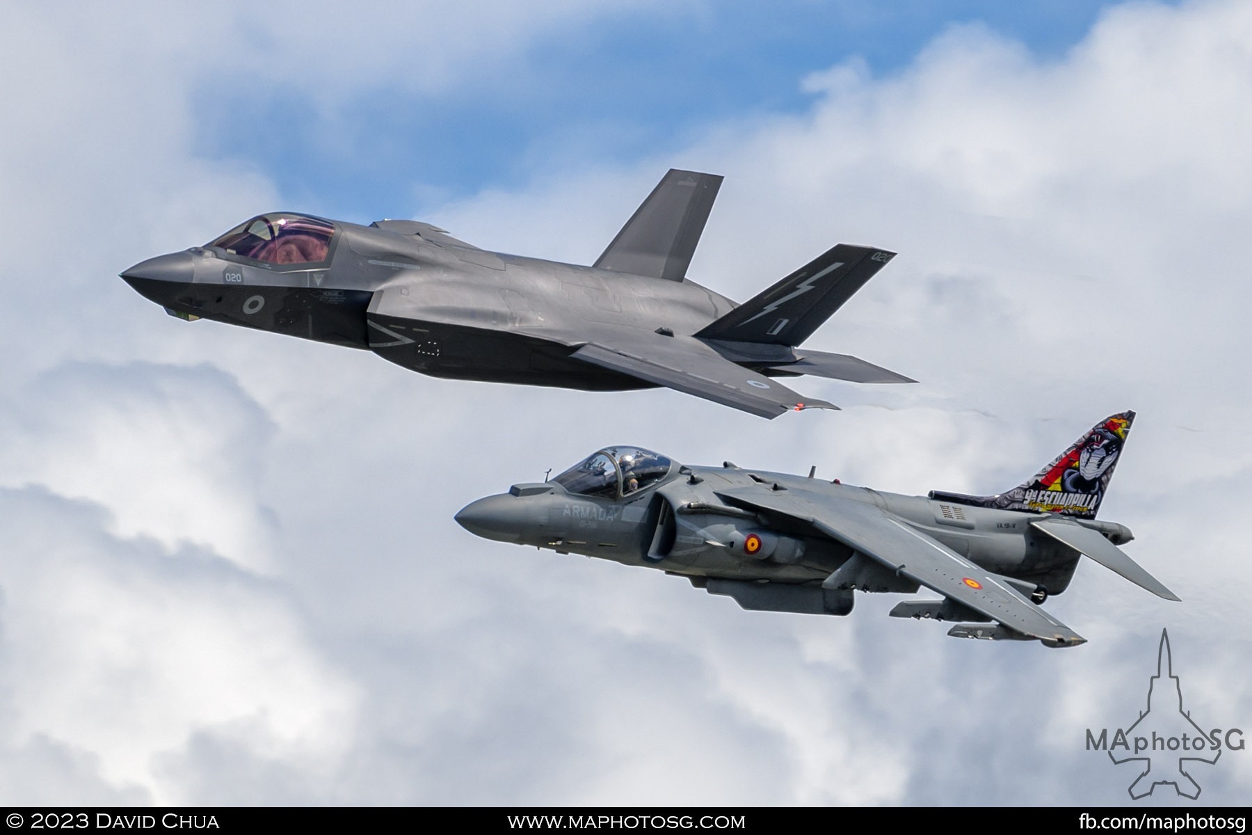 RAF F-35B Lightning II and Spanish Navy EAV-8B Matador II flying in formation