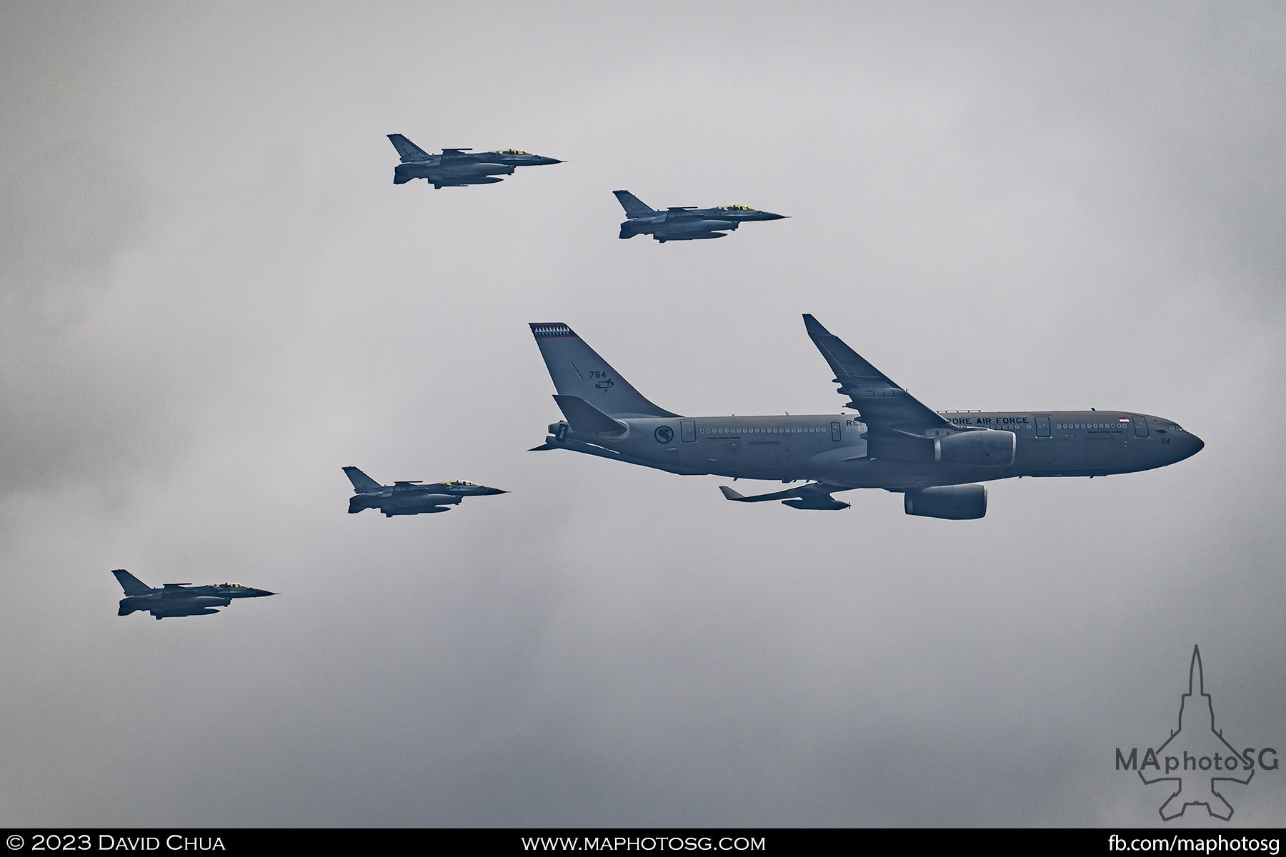 Formation of 4 F-16s and MRTT flypast