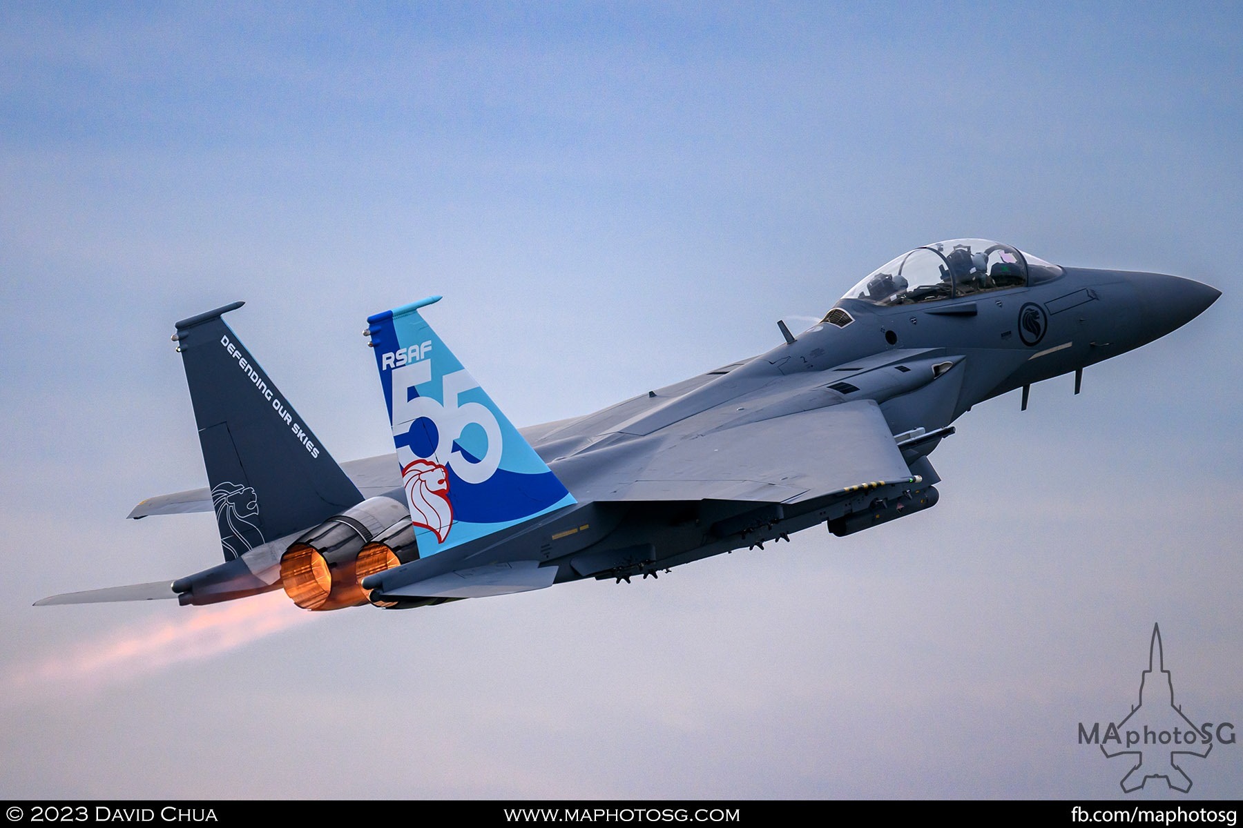 RSAF F-15SG with special RSAF55 tail taking off from Paya Lebar Air Base to take part in the NDP2023 activities.