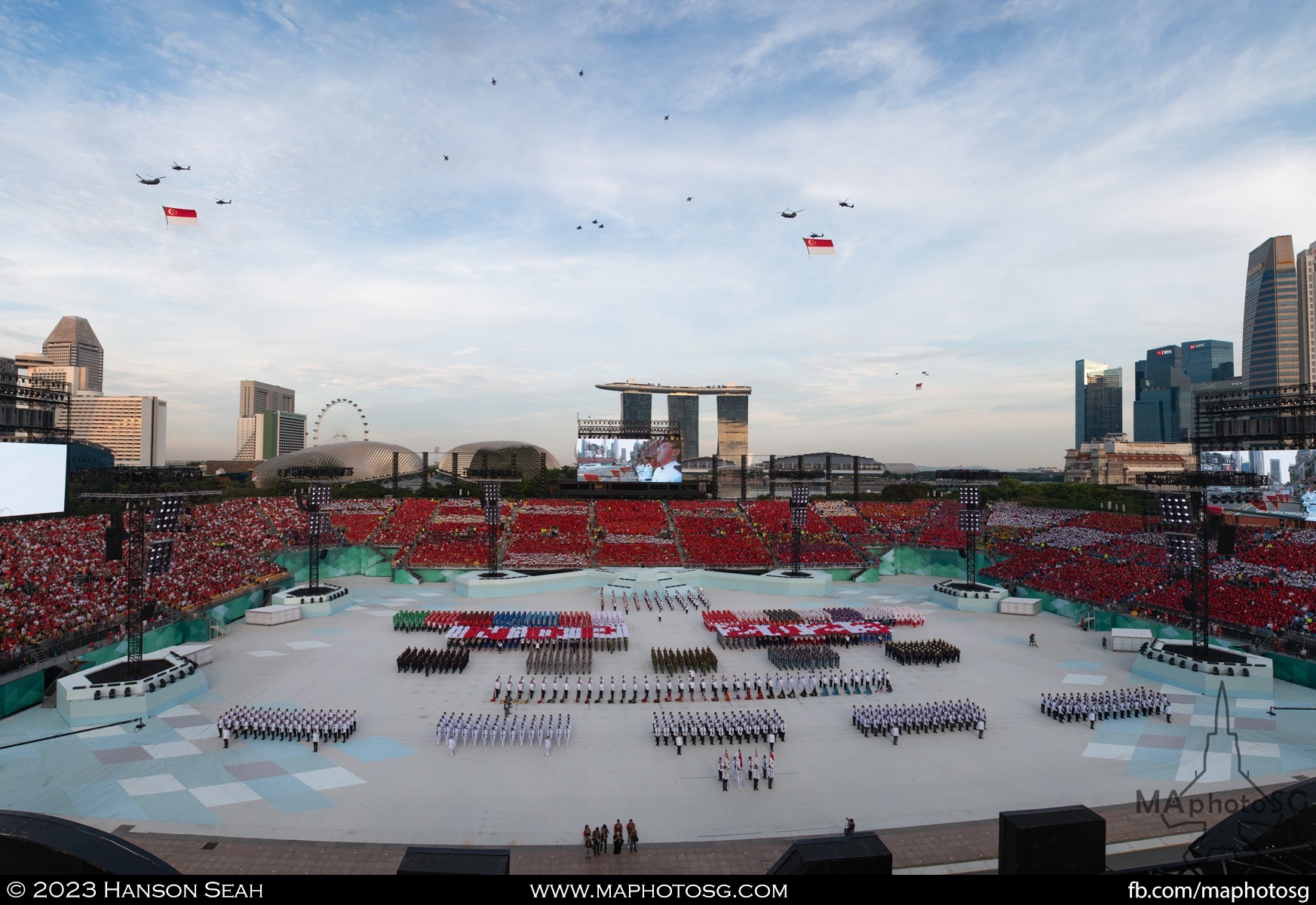 An image composite of the State Flag flypast and subsequent F-16 bomb burst and F-15SG flypast.